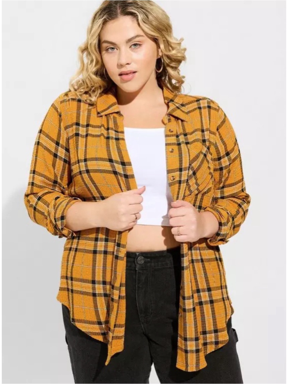 Torrid Lizzie Crinkle Flannel Gauze Button-Up Shirt in Yellow Plaid Size 0 NWOT